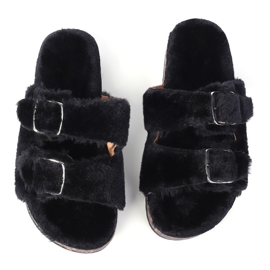 Furry Slippers Open Toe with Cozy Lining Fuzzy Buckle Slides Sandal Crok Footbed for Women Girls