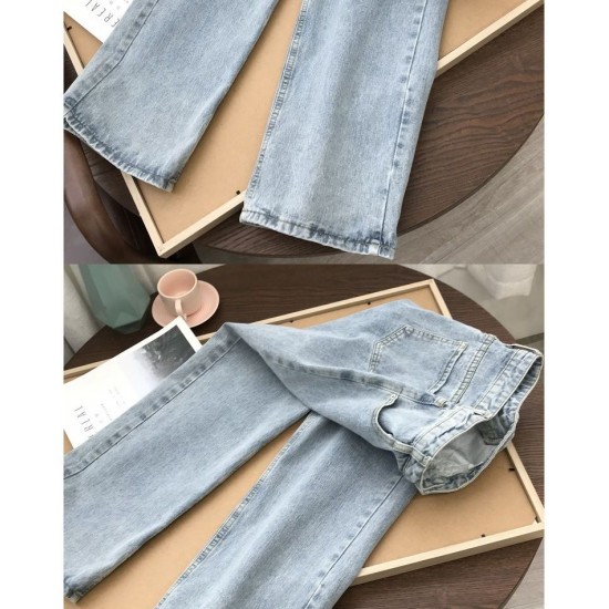 Women's Jeans Street Casual High Waist Traf Pants Korean Fashion Light Blue Straight Jeans 